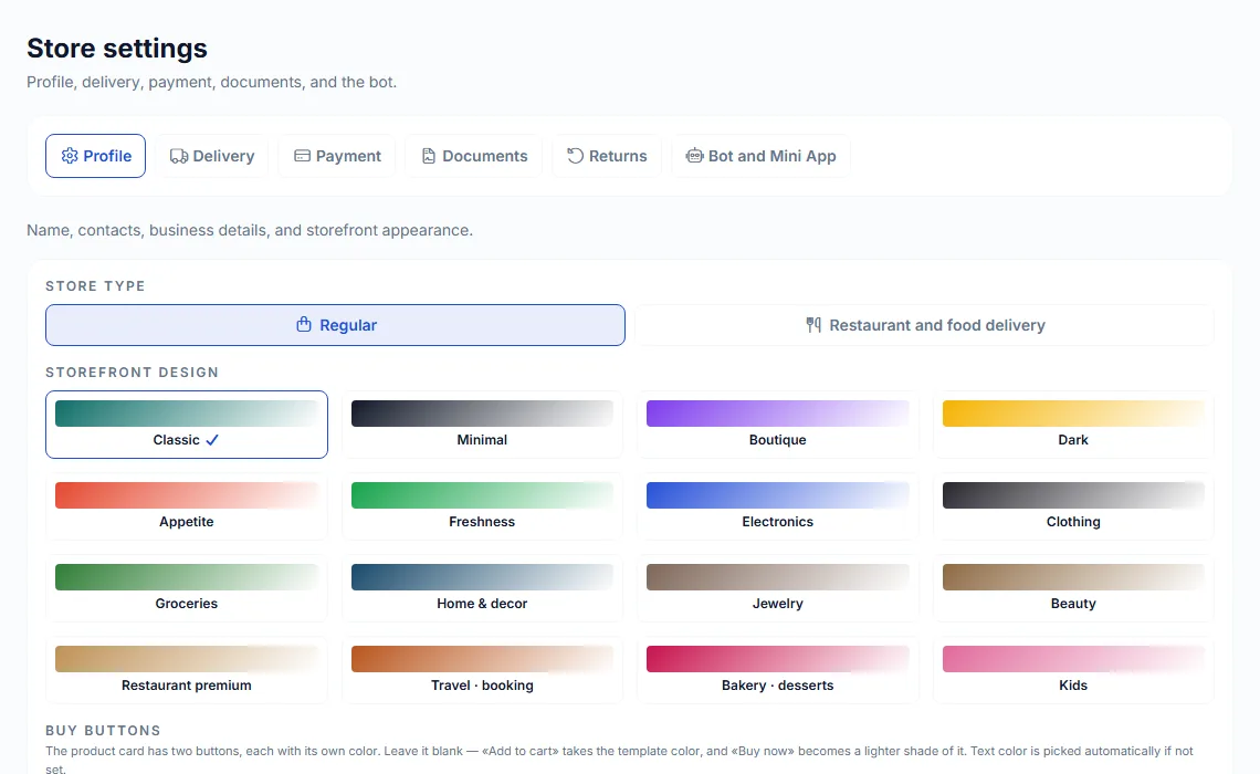 Store settings: type and storefront design