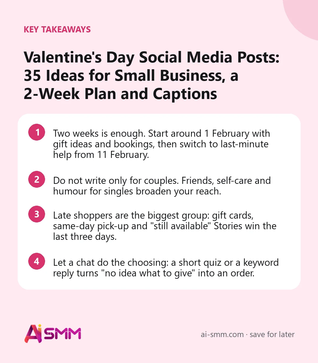 Key takeaways: Valentine’s Day Social Media Posts: 35 Ideas for Small Business, a 2-Week Plan and Captions