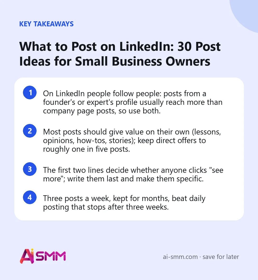 Key takeaways: What to Post on LinkedIn: 30 Post Ideas for Small Business Owners