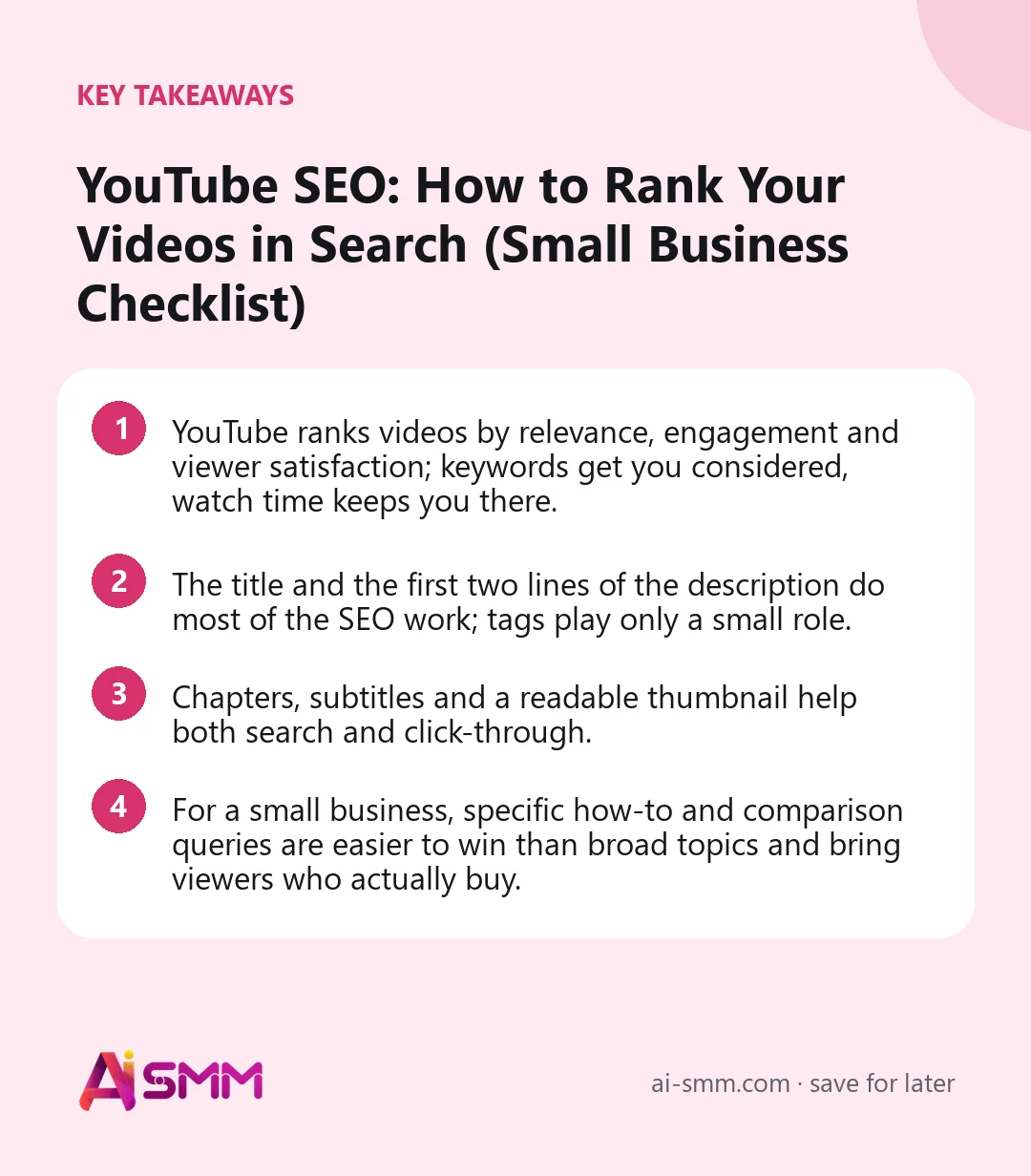 Key takeaways: YouTube SEO: How to Rank Your Videos in Search (Small Business Checklist)