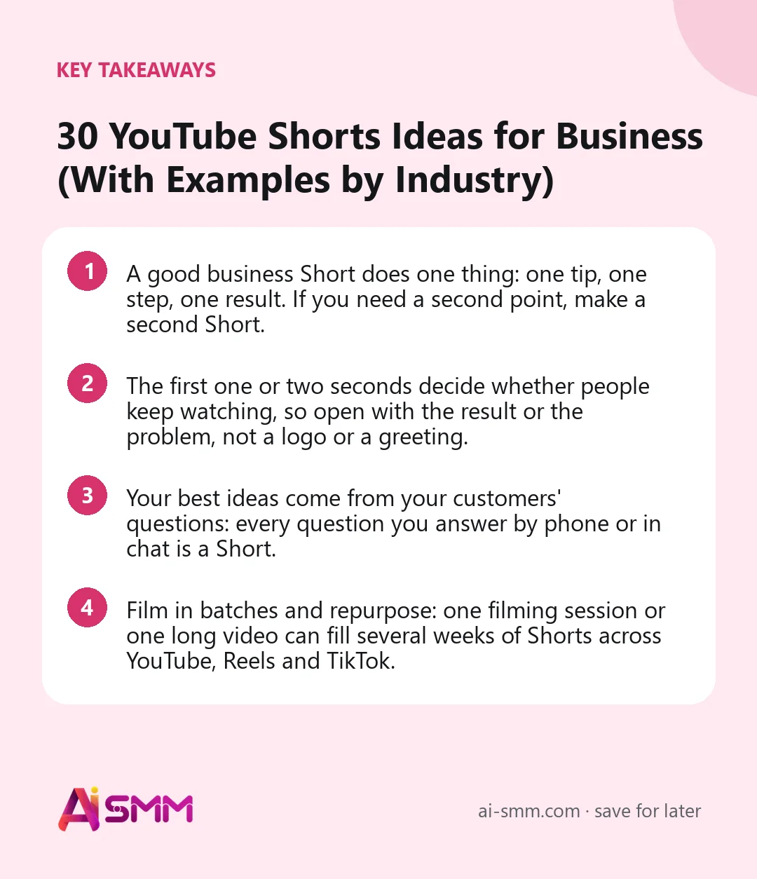 Key takeaways: 30 YouTube Shorts Ideas for Business (With Examples by Industry)