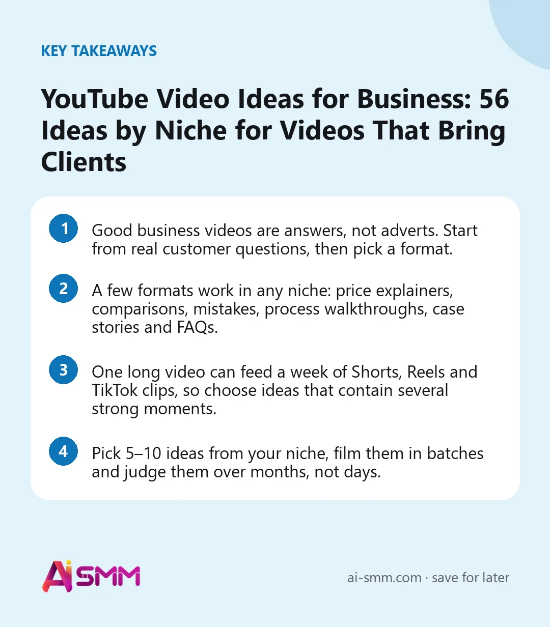 Key takeaways: YouTube Video Ideas for Business: 56 Ideas by Niche for Videos That Bring Clients