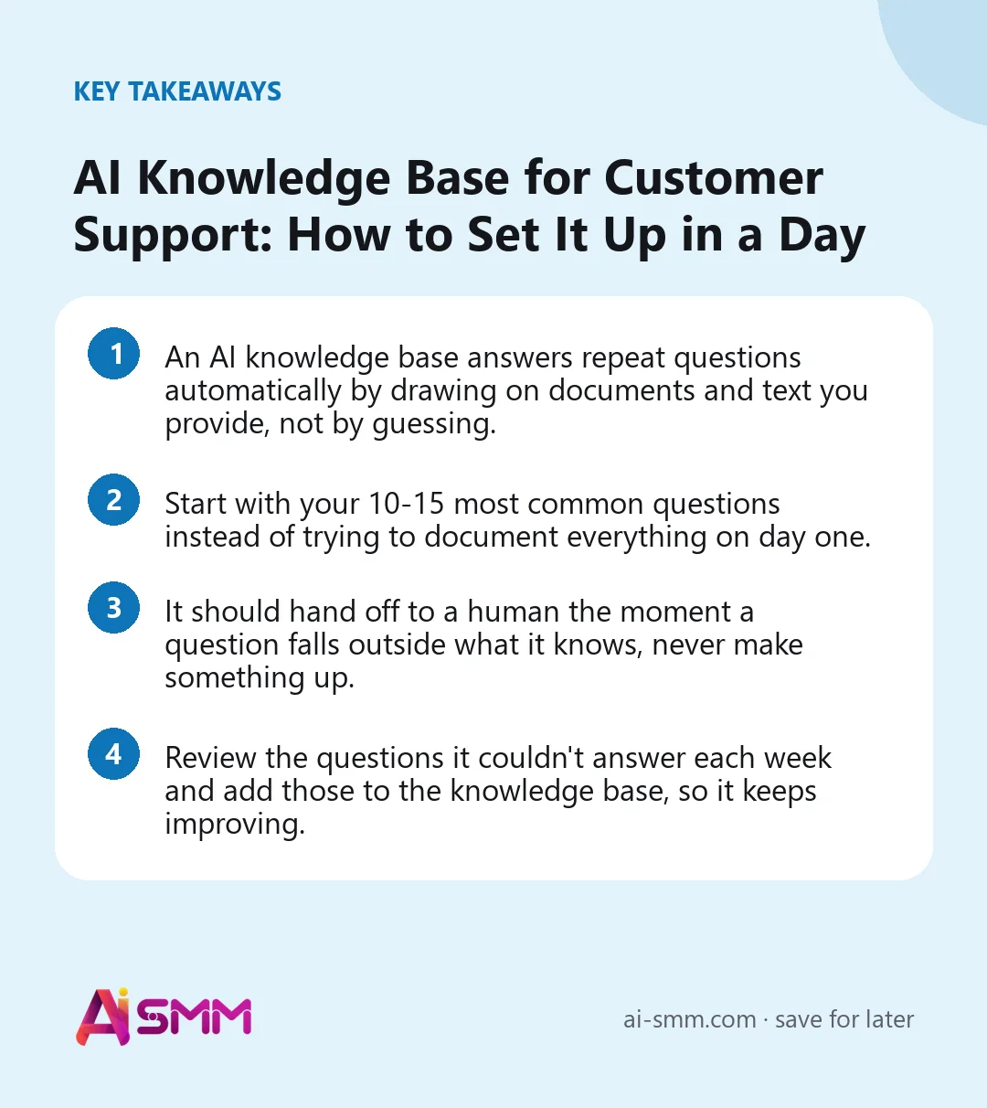 Key takeaways: AI Knowledge Base for Customer Support: How to Set It Up in a Day
