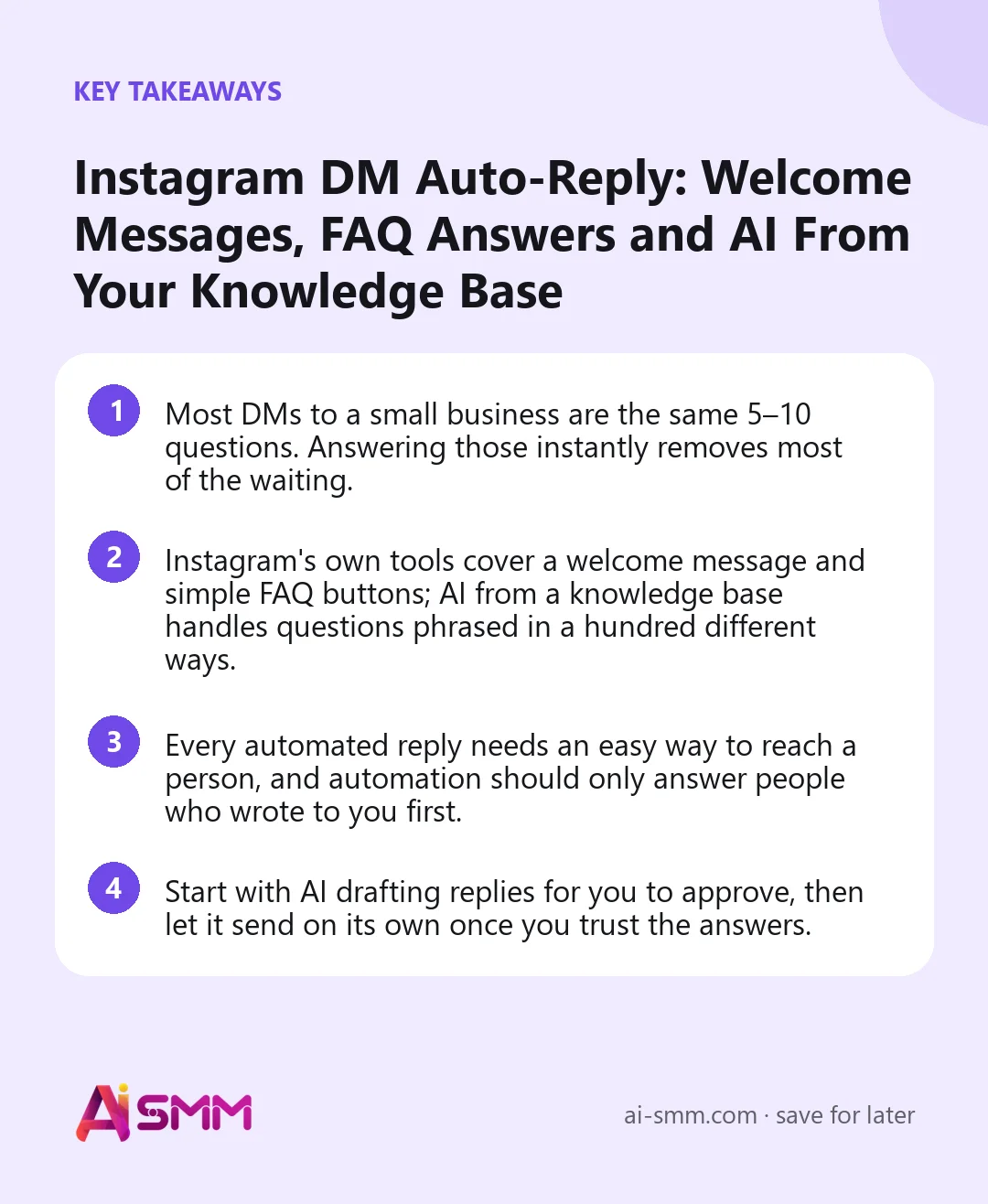 Key takeaways: Instagram DM Auto-Reply: Welcome Messages, FAQ Answers and AI From Your Knowledge Base