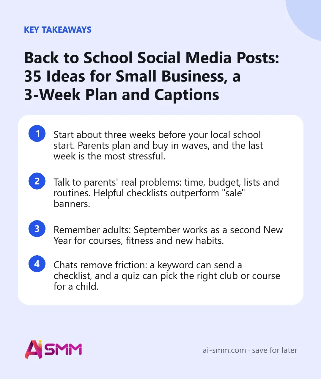 Key takeaways: Back to School Social Media Posts: 35 Ideas for Small Business, a 3-Week Plan and Captions
