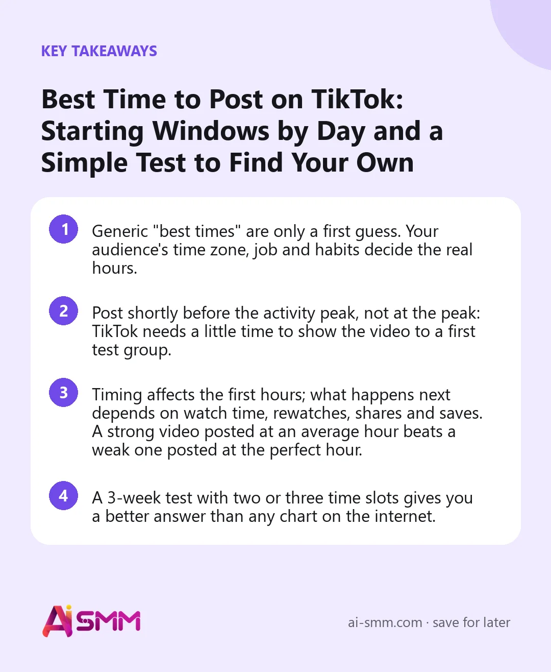 Key takeaways: Best Time to Post on TikTok: Starting Windows by Day and a Simple Test to Find Your Own