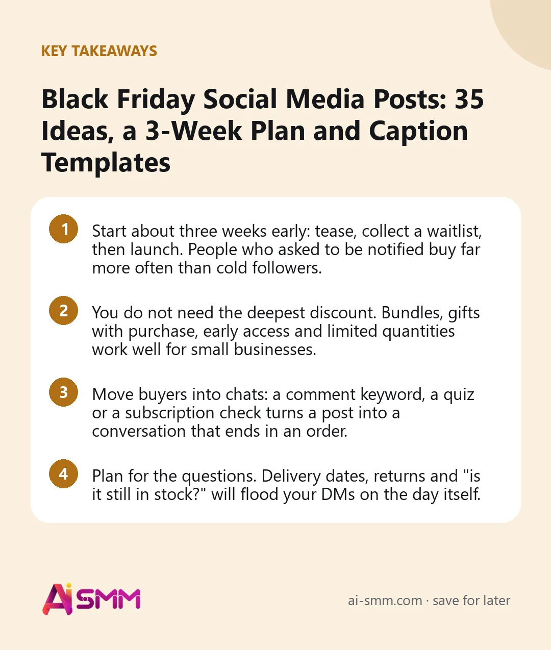 Key takeaways: Black Friday Social Media Posts: 35 Ideas, a 3-Week Plan and Caption Templates