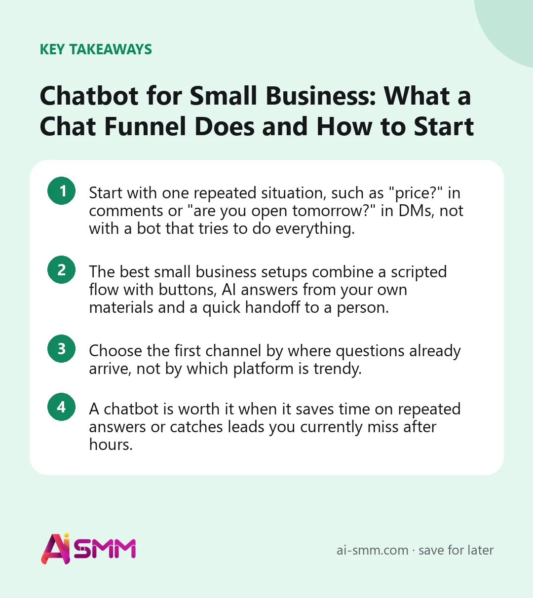 Key takeaways: Chatbot for Small Business: What a Chat Funnel Does and How to Start