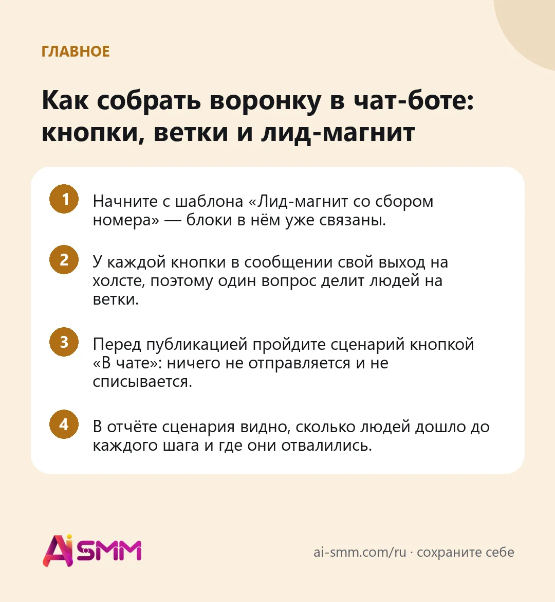 Главное: Как собрать воронку в чат-боте: кнопки, ветки и лид-магнит