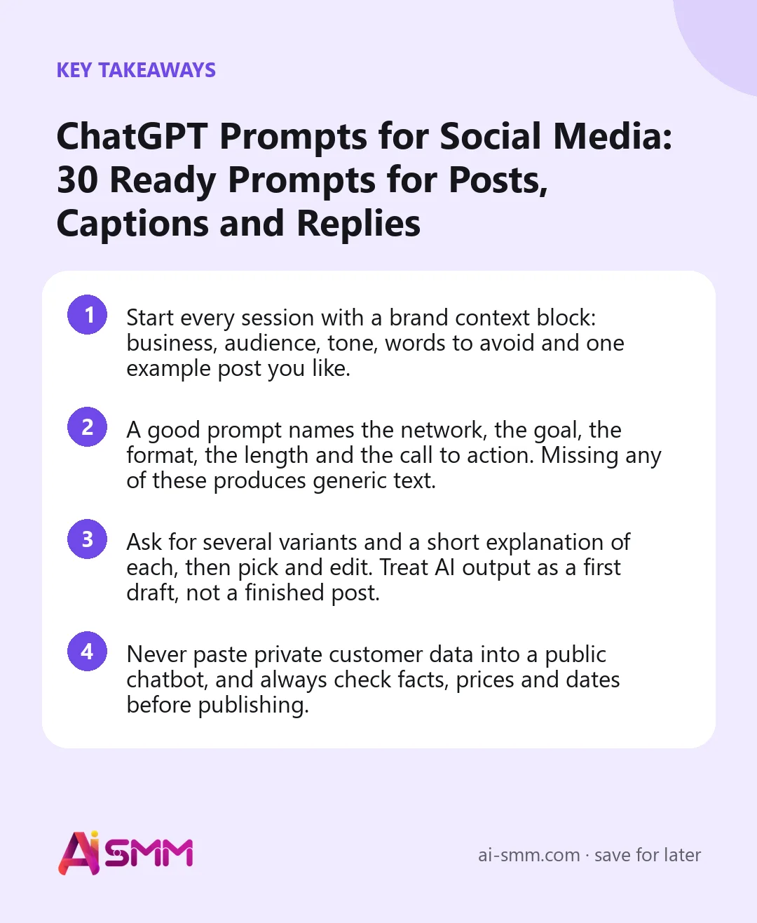 Key takeaways: ChatGPT Prompts for Social Media: 30 Ready Prompts for Posts, Captions and Replies