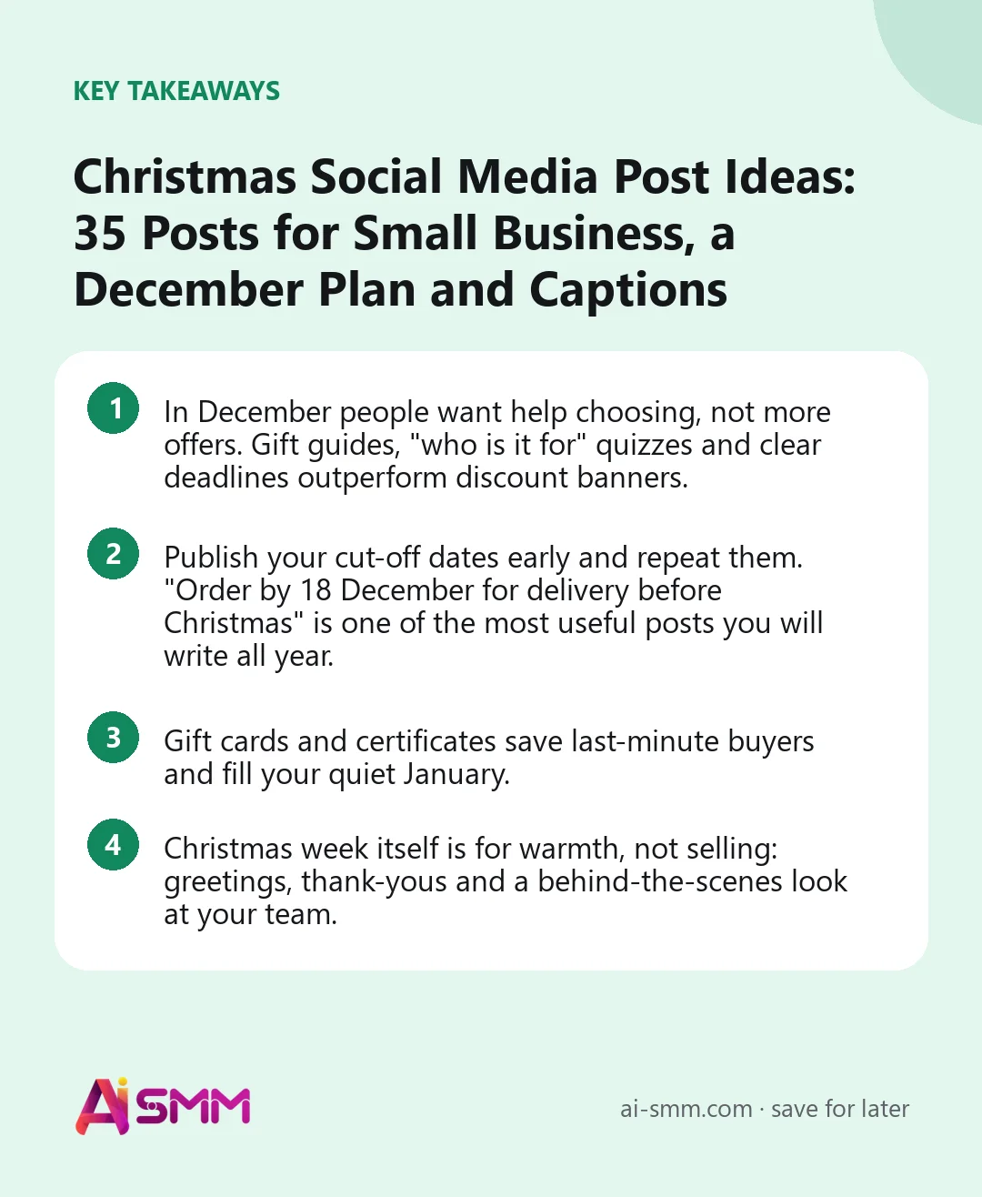 Key takeaways: Christmas Social Media Post Ideas: 35 Posts for Small Business, a December Plan and Captions