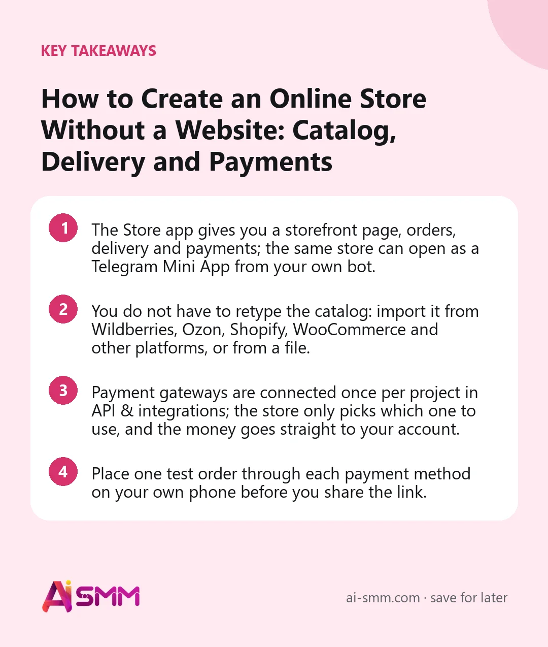Key takeaways: How to Create an Online Store Without a Website: Catalog, Delivery and Payments