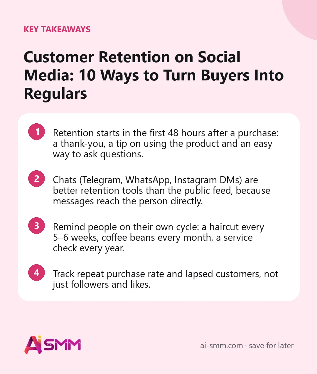 Key takeaways: Customer Retention on Social Media: 10 Ways to Turn Buyers Into Regulars