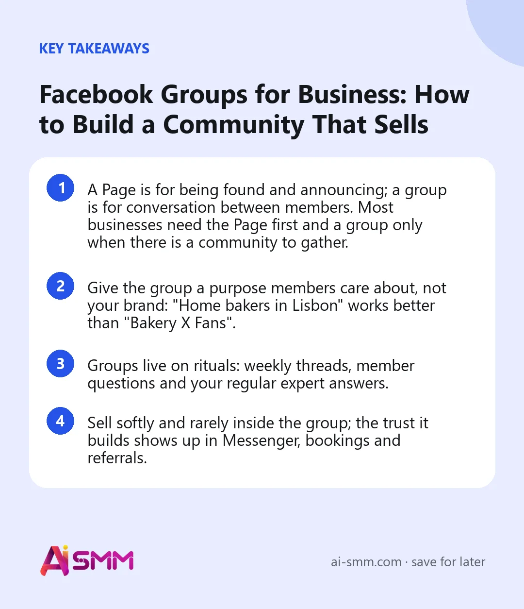 Key takeaways: Facebook Groups for Business: How to Build a Community That Sells