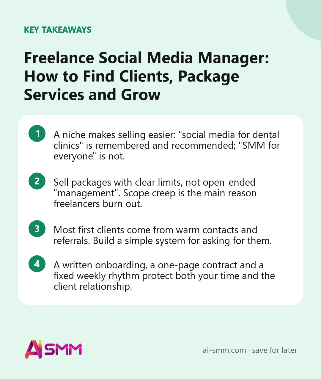 Key takeaways: Freelance Social Media Manager: How to Find Clients, Package Services and Grow