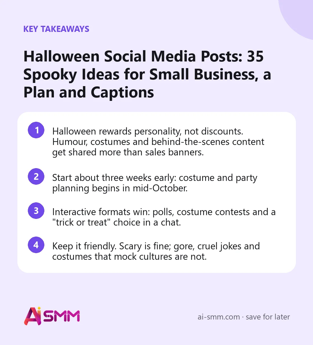 Key takeaways: Halloween Social Media Posts: 35 Spooky Ideas for Small Business, a Plan and Captions