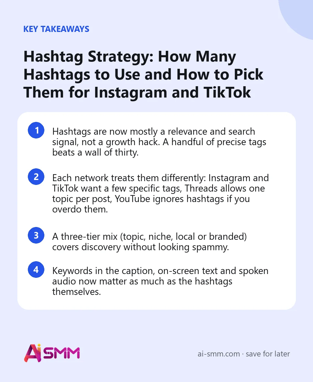 Key takeaways: Hashtag Strategy: How Many Hashtags to Use and How to Pick Them for Instagram and TikTok