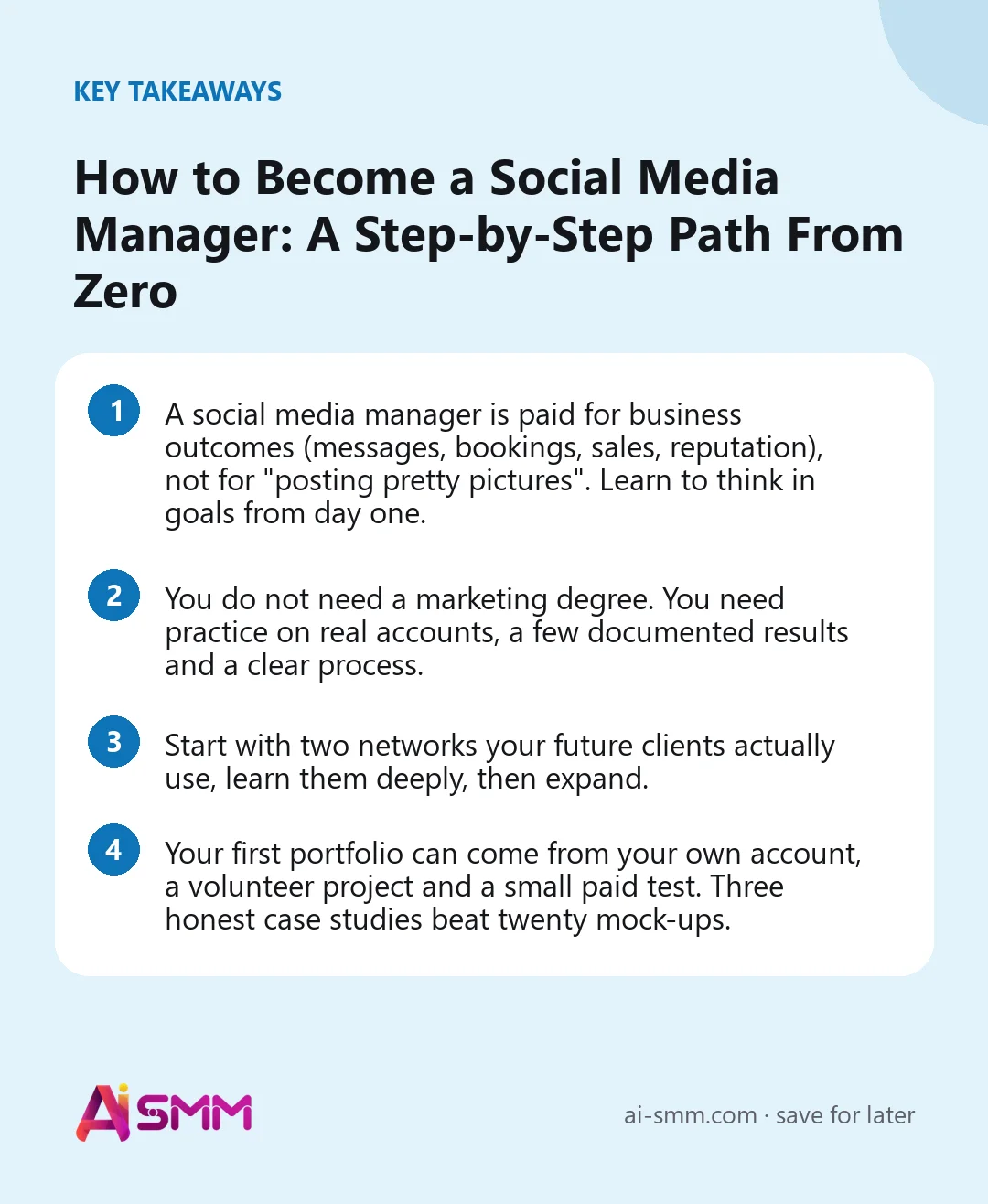 Key takeaways: How to Become a Social Media Manager: A Step-by-Step Path From Zero