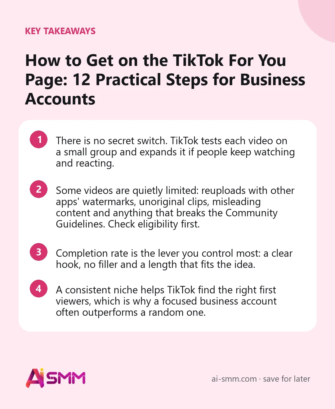 Key takeaways: How to Get on the TikTok For You Page: 12 Practical Steps for Business Accounts