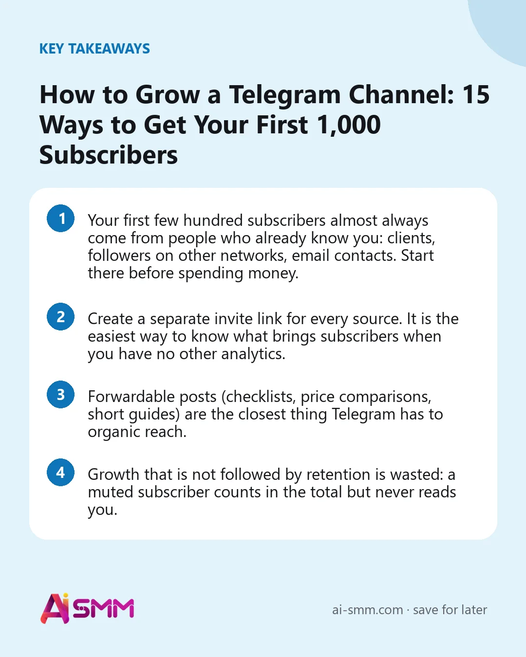 Key takeaways: How to Grow a Telegram Channel: 15 Ways to Get Your First 1,000 Subscribers