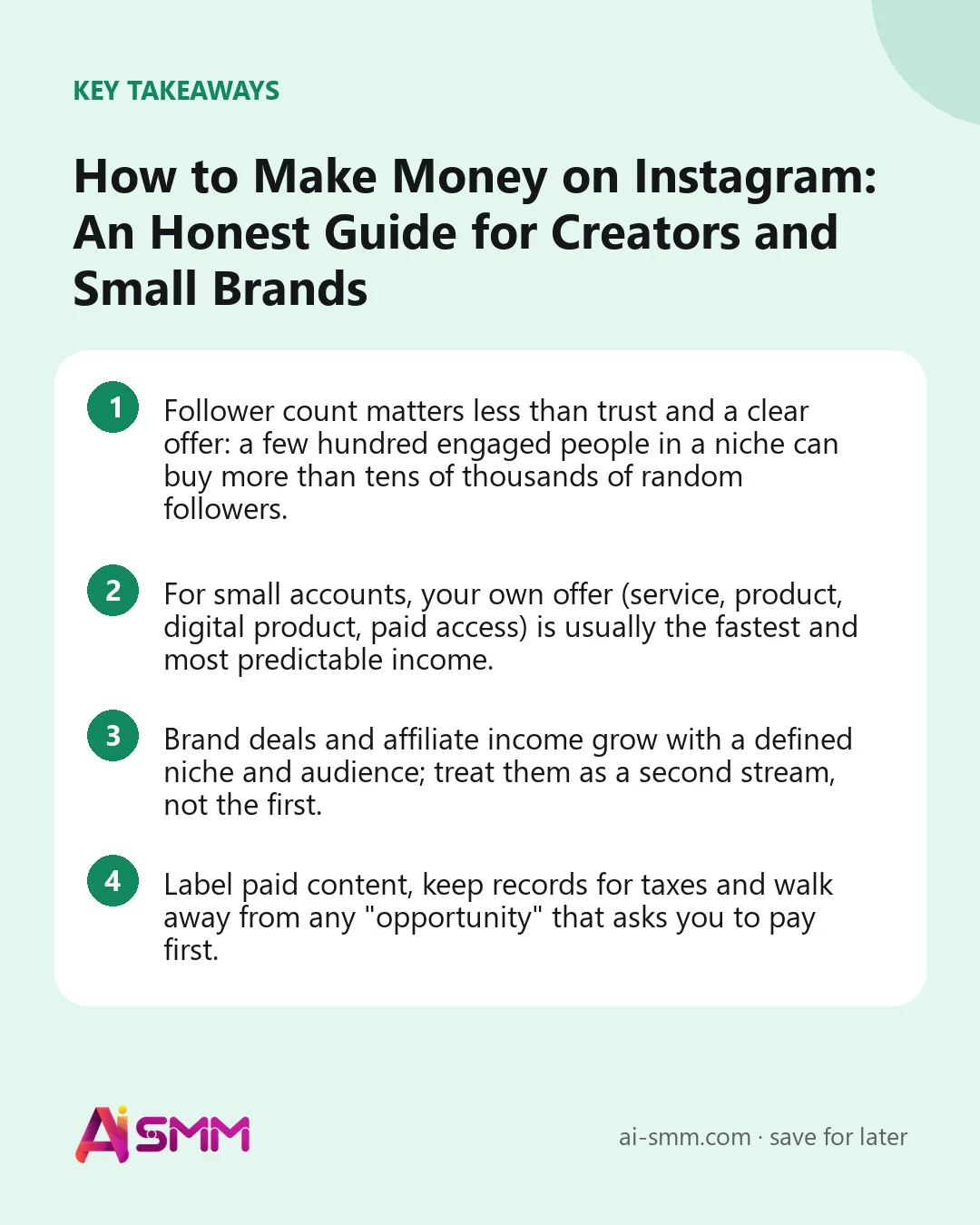 Key takeaways: How to Make Money on Instagram: An Honest Guide for Creators and Small Brands