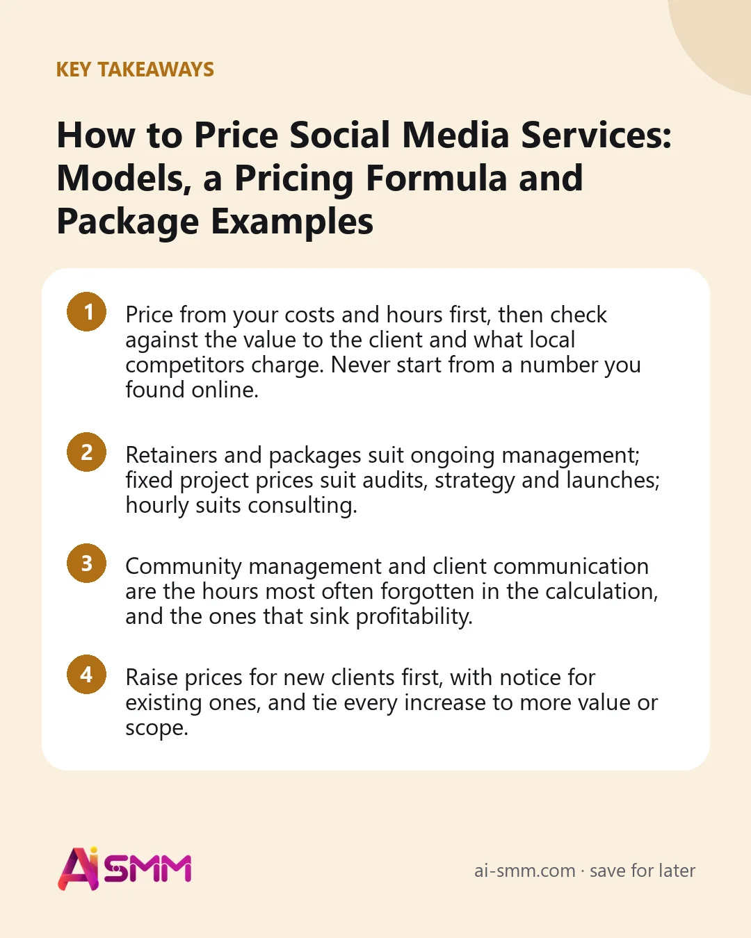 Key takeaways: How to Price Social Media Services: Models, a Pricing Formula and Package Examples