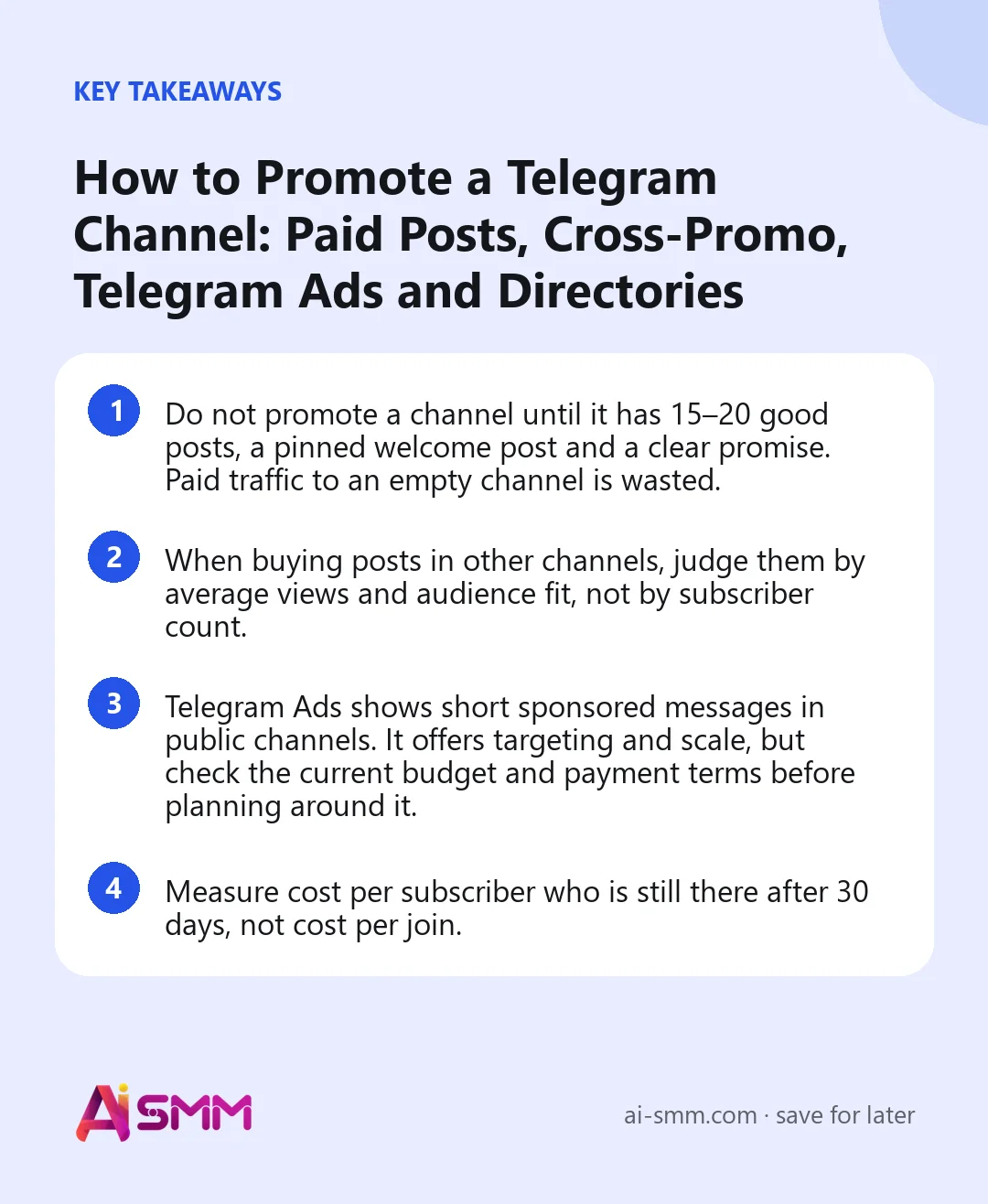 Key takeaways: How to Promote a Telegram Channel: Paid Posts, Cross-Promo, Telegram Ads and Directories