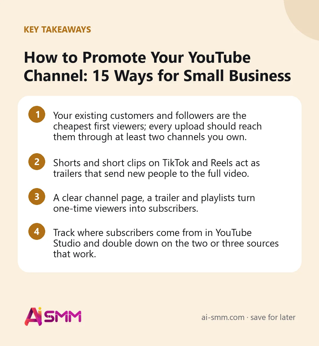 Key takeaways: How to Promote Your YouTube Channel: 15 Ways for Small Business
