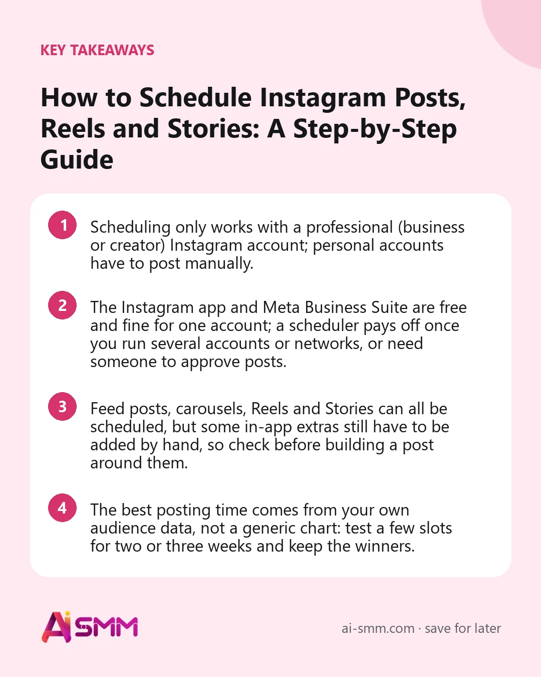 Key takeaways: How to Schedule Instagram Posts, Reels and Stories: A Step-by-Step Guide