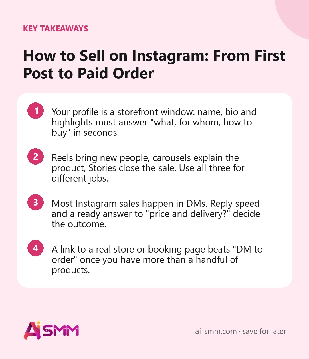 Key takeaways: How to Sell on Instagram: From First Post to Paid Order