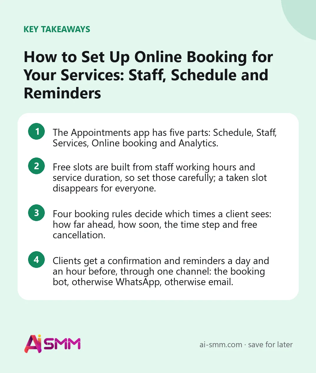 Key takeaways: How to Set Up Online Booking for Your Services: Staff, Schedule and Reminders