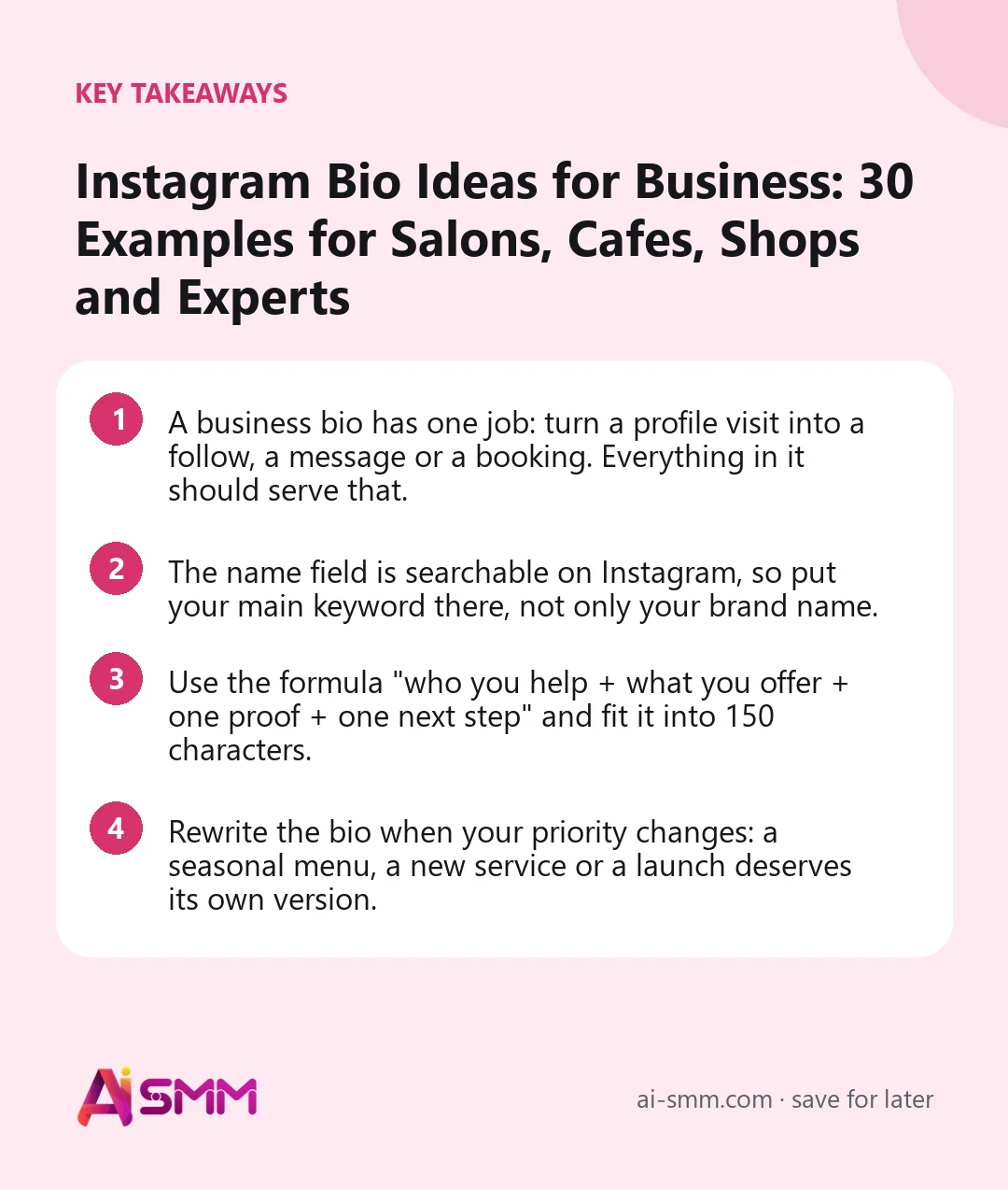 Key takeaways: Instagram Bio Ideas for Business: 30 Examples for Salons, Cafes, Shops and Experts