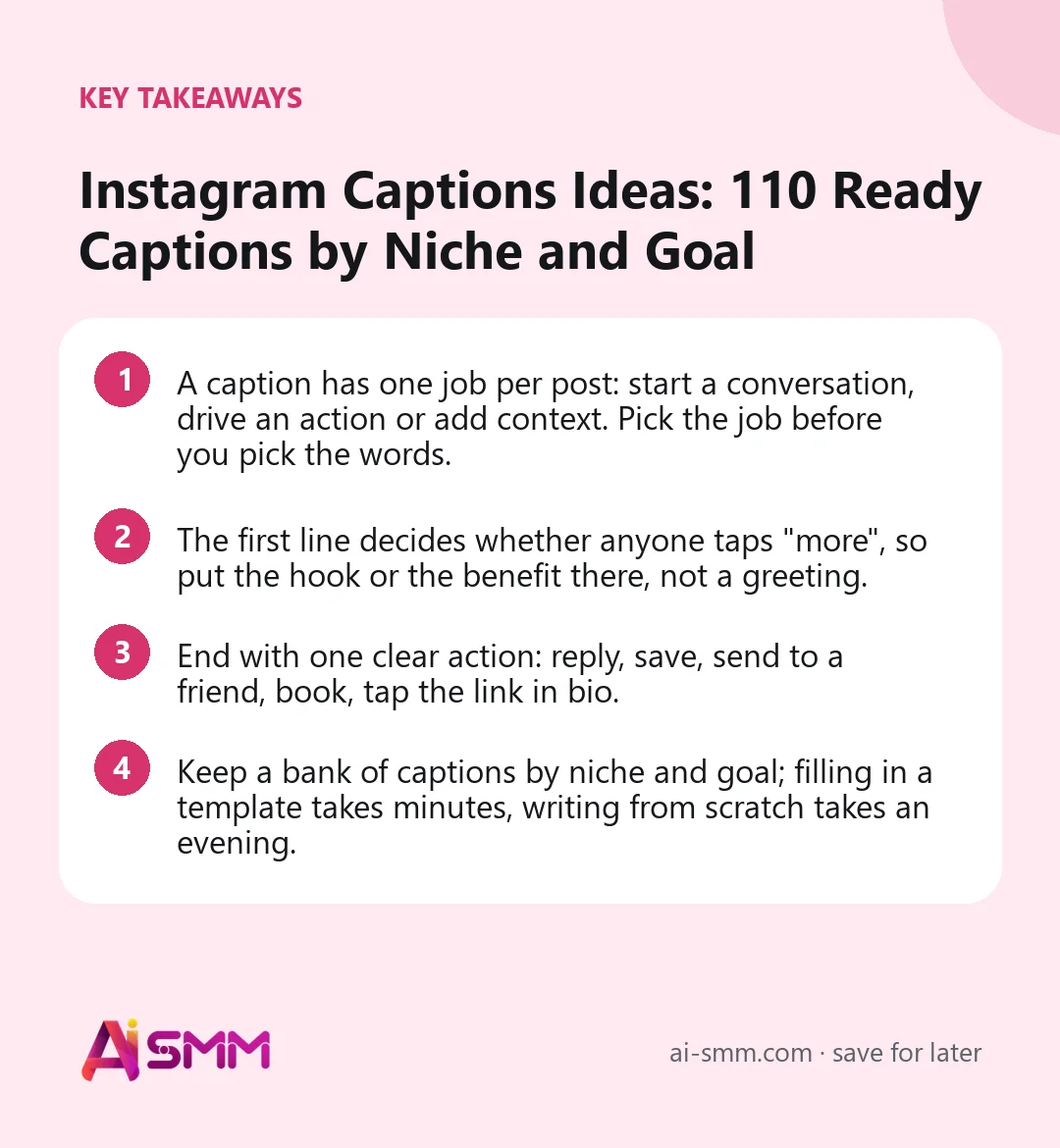 Key takeaways: Instagram Captions Ideas: 110 Ready Captions by Niche and Goal