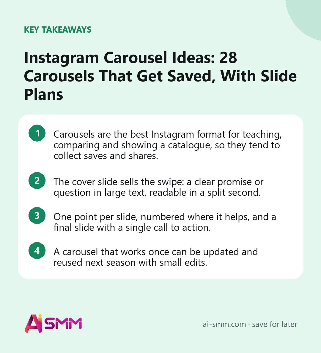 Key takeaways: Instagram Carousel Ideas: 28 Carousels That Get Saved, With Slide Plans