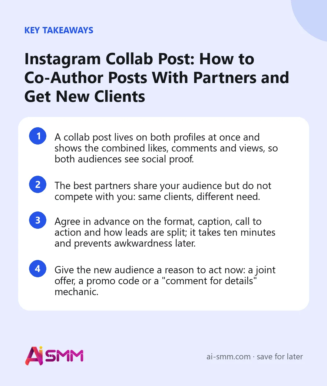 Key takeaways: Instagram Collab Post: How to Co-Author Posts With Partners and Get New Clients