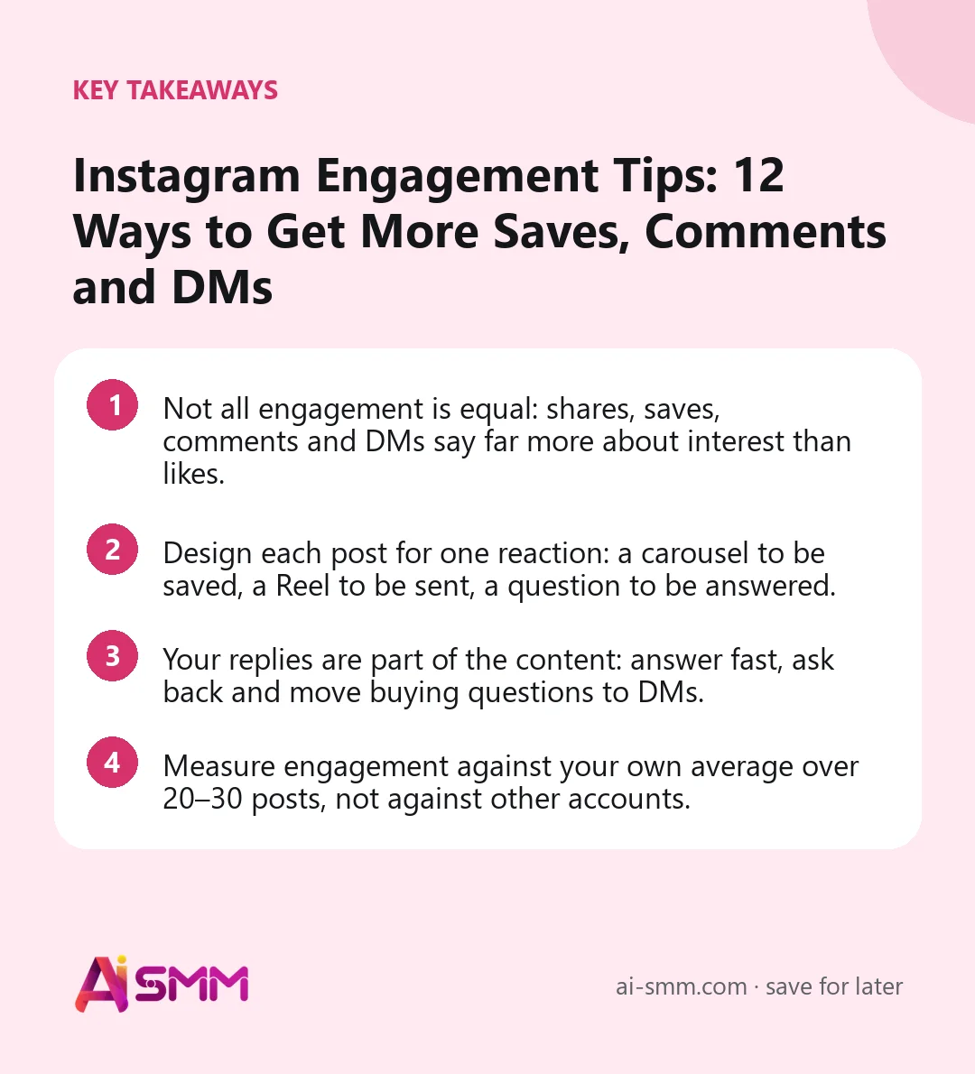 Key takeaways: Instagram Engagement Tips: 12 Ways to Get More Saves, Comments and DMs