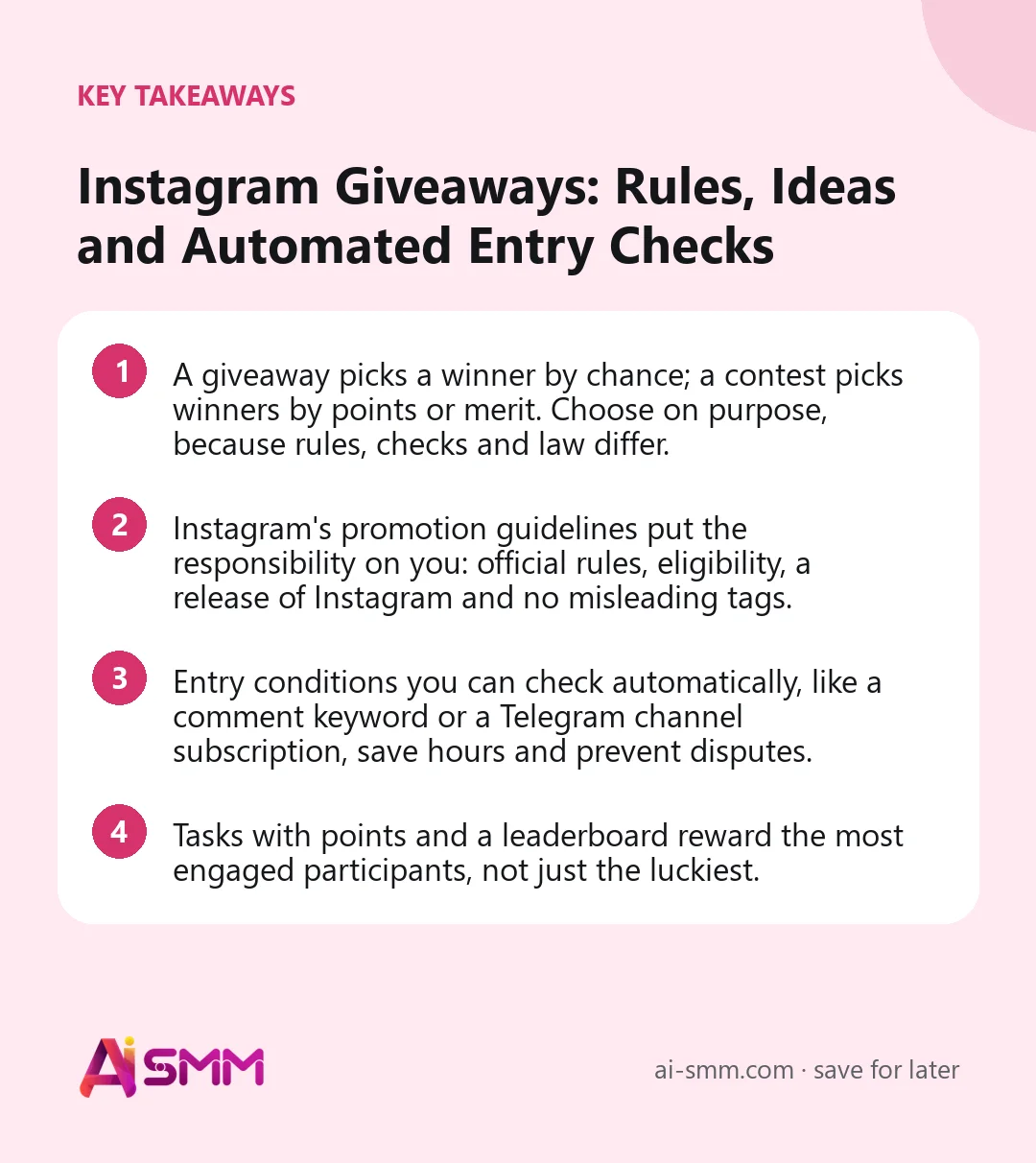Key takeaways: Instagram Giveaways: Rules, Ideas and Automated Entry Checks