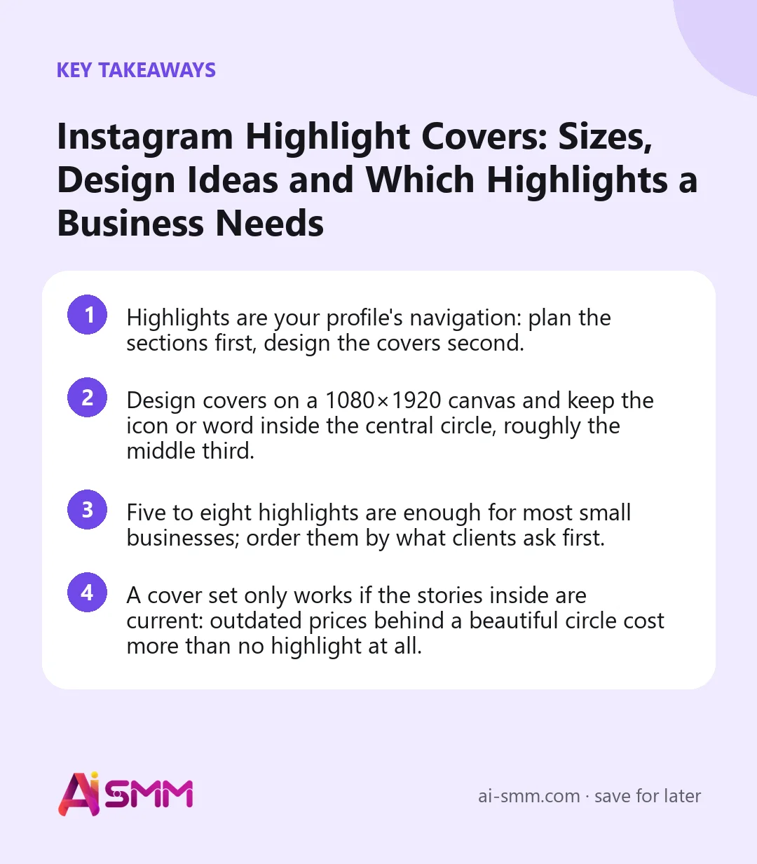 Key takeaways: Instagram Highlight Covers: Sizes, Design Ideas and Which Highlights a Business Needs