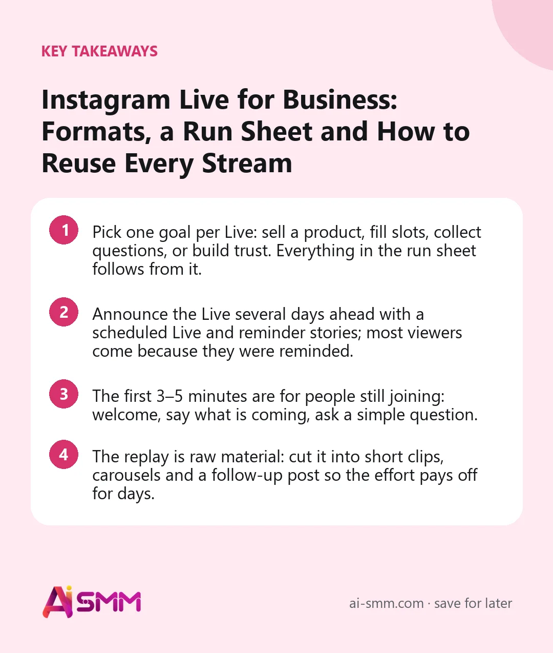 Key takeaways: Instagram Live for Business: Formats, a Run Sheet and How to Reuse Every Stream