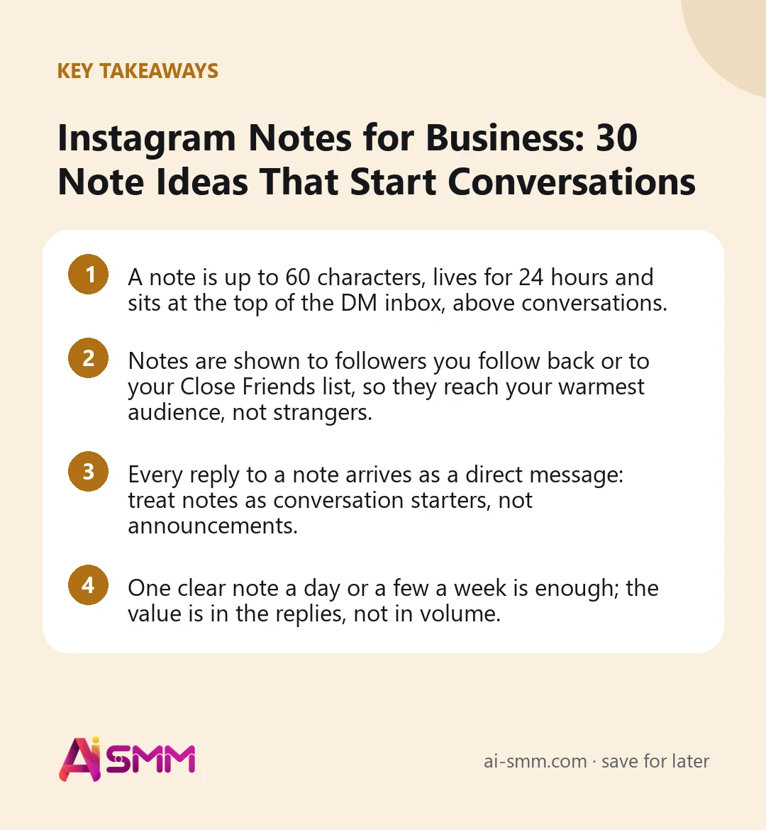 Key takeaways: Instagram Notes for Business: 30 Note Ideas That Start Conversations