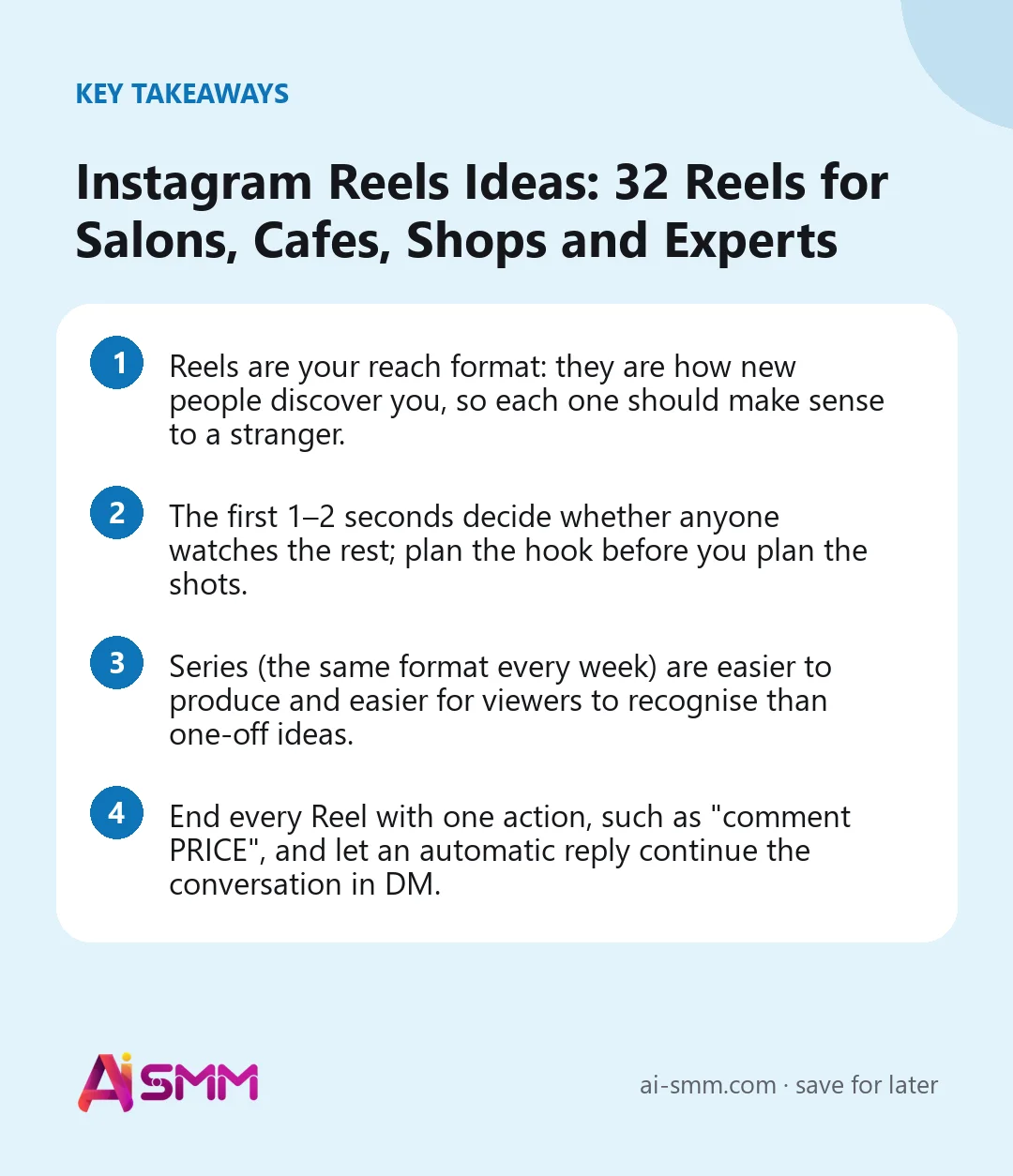 Key takeaways: Instagram Reels Ideas: 32 Reels for Salons, Cafes, Shops and Experts