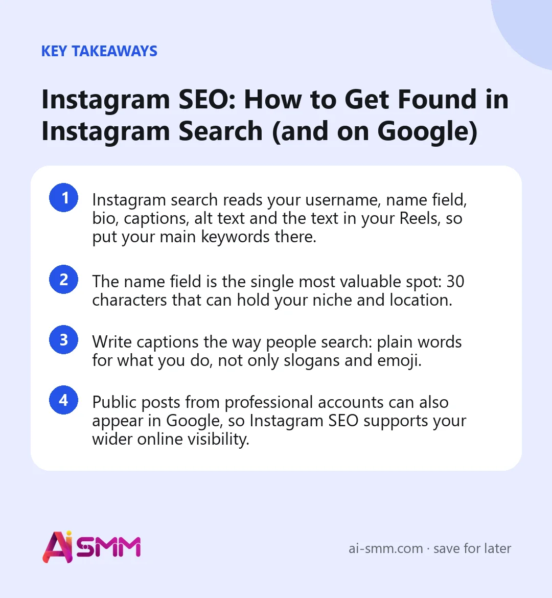 Key takeaways: Instagram SEO: How to Get Found in Instagram Search (and on Google)