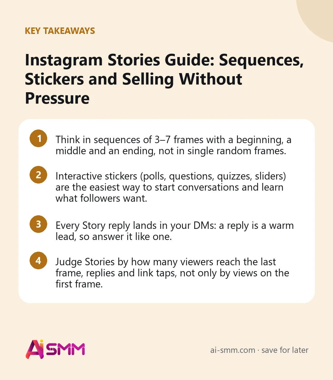 Key takeaways: Instagram Stories Guide: Sequences, Stickers and Selling Without Pressure