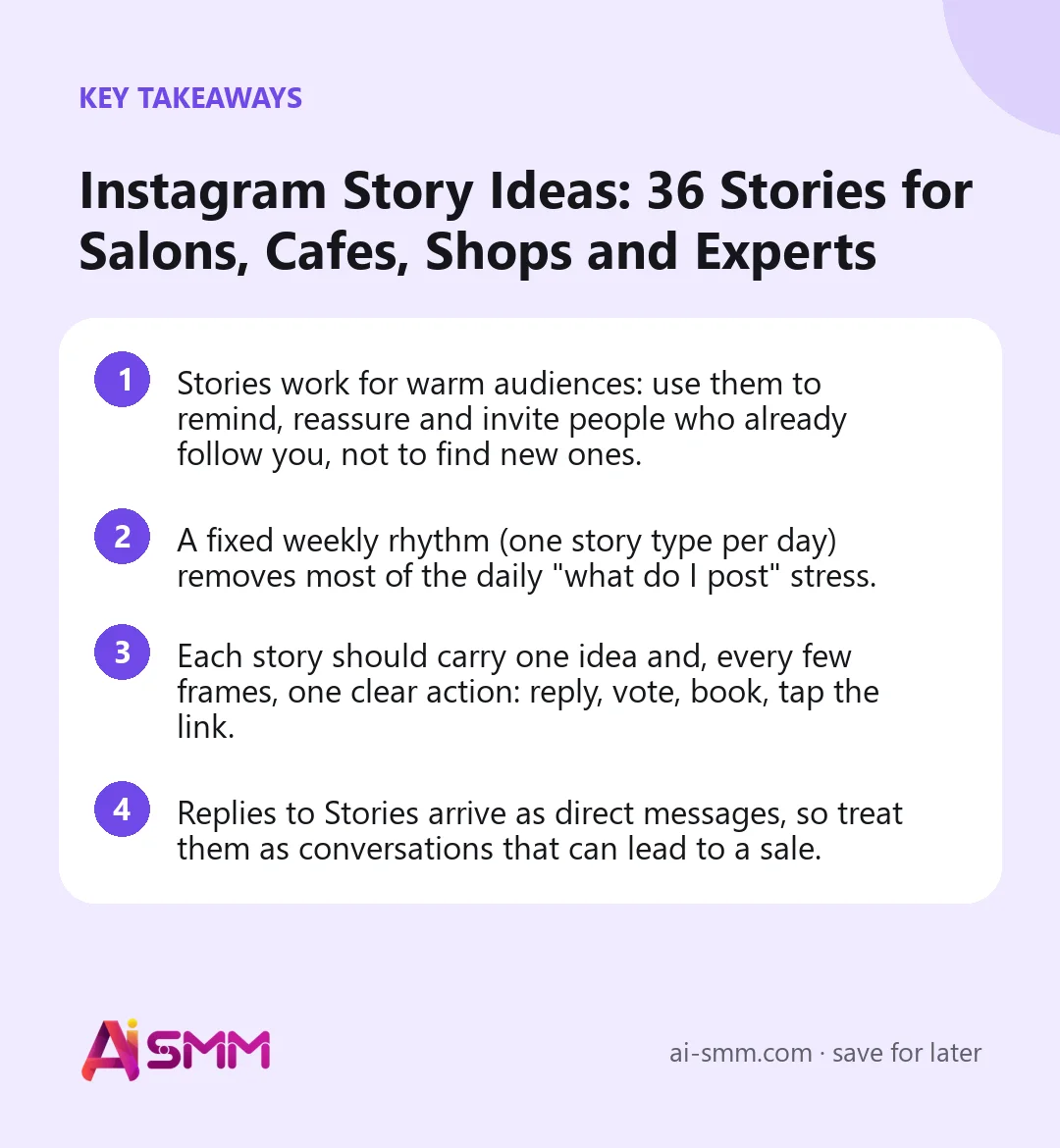 Key takeaways: Instagram Story Ideas: 36 Stories for Salons, Cafes, Shops and Experts