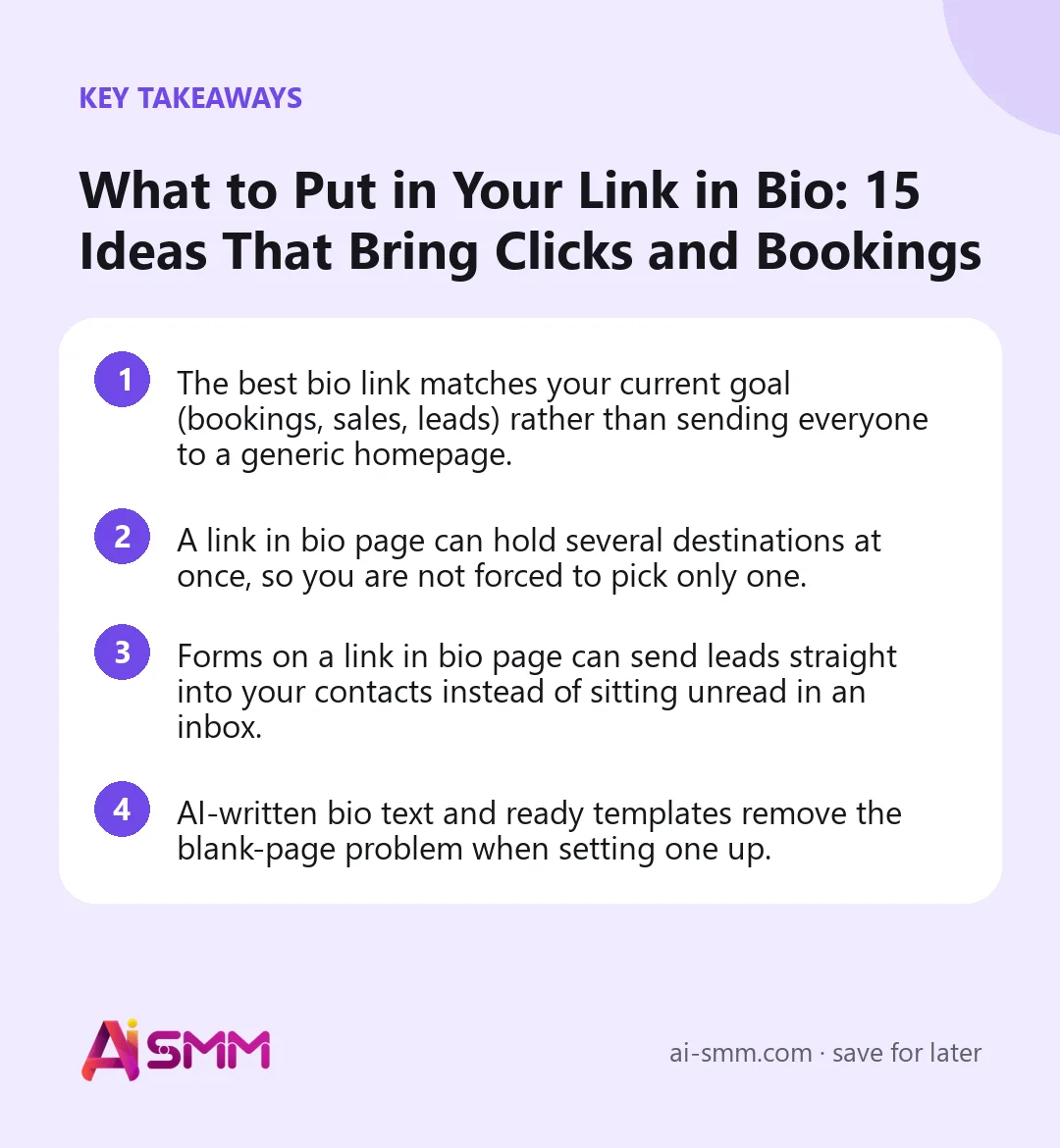 Key takeaways: What to Put in Your Link in Bio: 15 Ideas That Bring Clicks and Bookings
