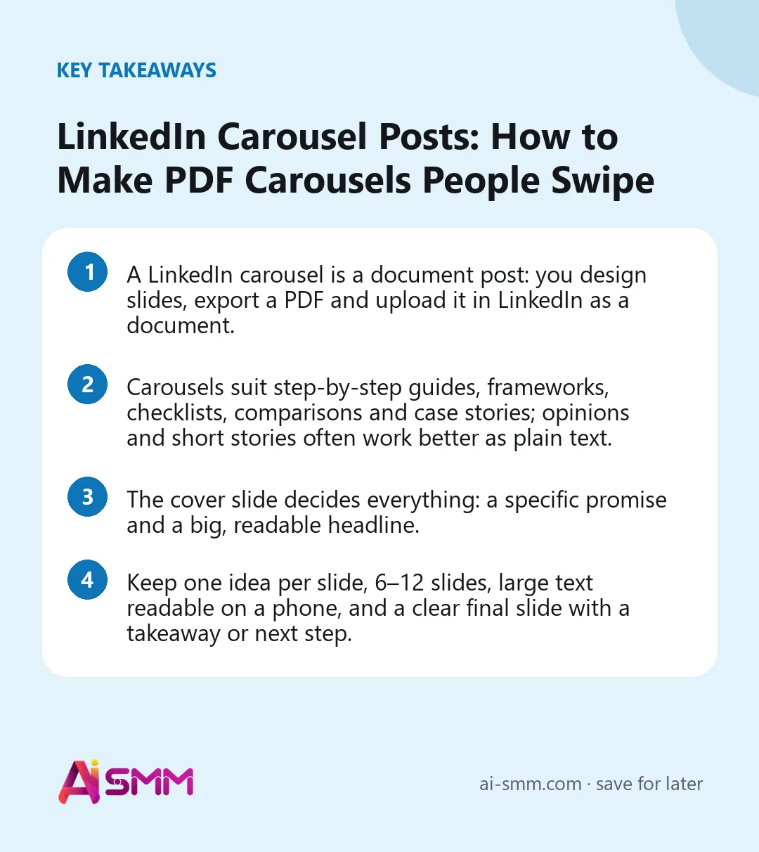 Key takeaways: LinkedIn Carousel Posts: How to Make PDF Carousels People Swipe
