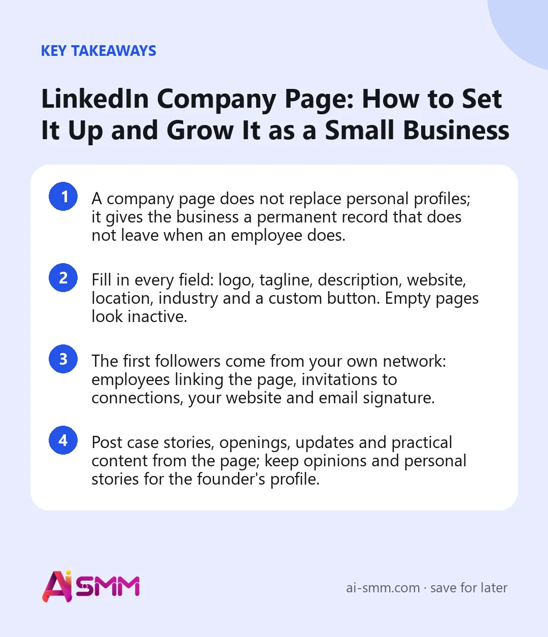 Key takeaways: LinkedIn Company Page: How to Set It Up and Grow It as a Small Business