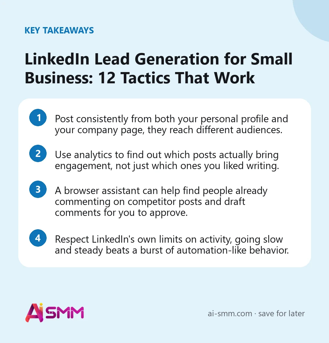 Key takeaways: LinkedIn Lead Generation for Small Business: 12 Tactics That Work