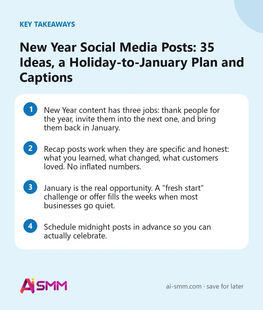 Key takeaways: New Year Social Media Posts: 35 Ideas, a Holiday-to-January Plan and Captions