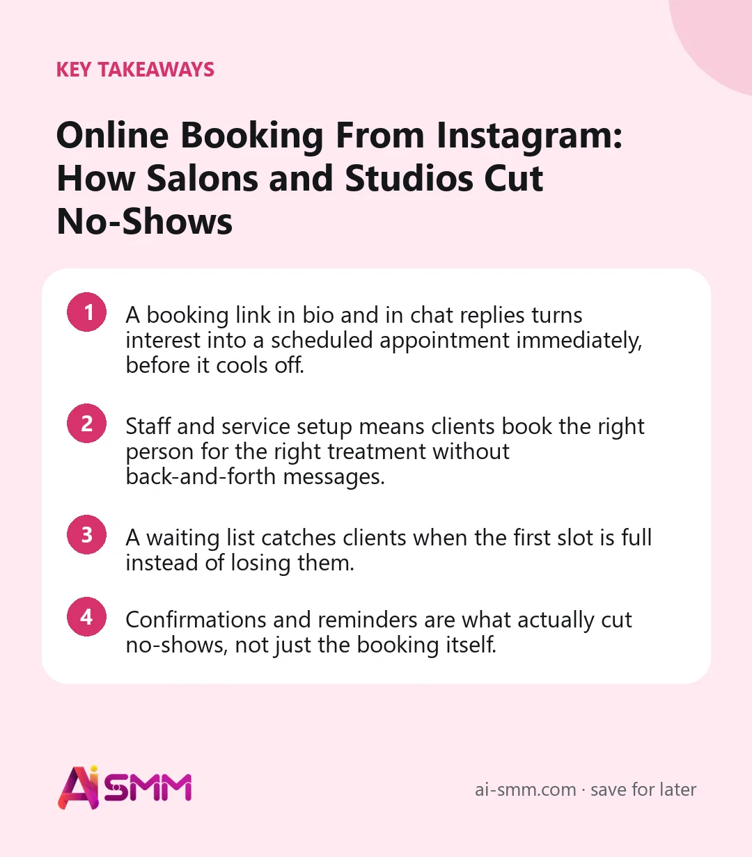 Key takeaways: Online Booking From Instagram: How Salons and Studios Cut No-Shows